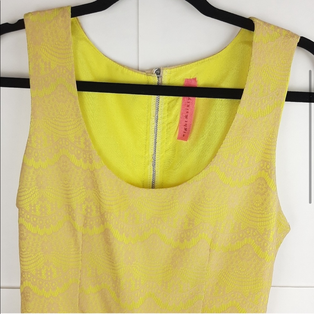Yellow dress with nude lace trim layer on top